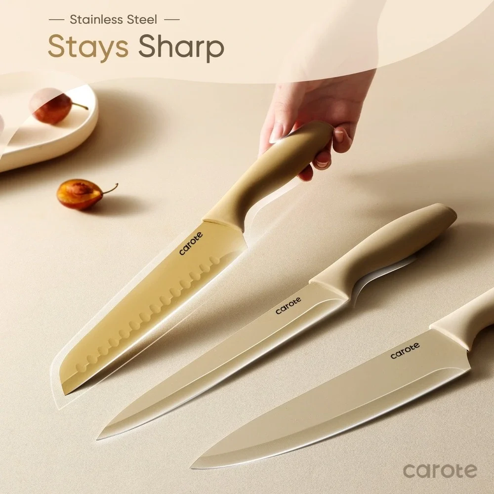 Carote 12 Pcs Kitchen Knife Set Stainless Steel Nonstick Ceramic Coating - Taupe